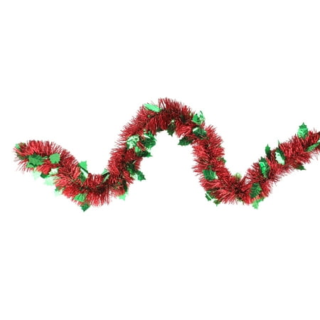 12' Shiny Red Christmas Tinsel Garland with Green Holly Leaves -