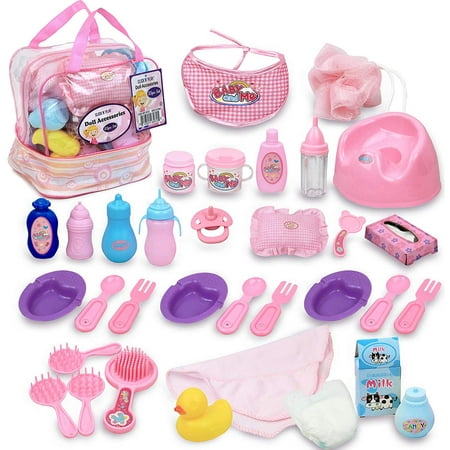 Click N’ Play 33 Piece Baby Doll Feeding and Caring Accessory Set in Zippered Carrying Case | Toy Baby Doll Nursery Play Set | Toy Baby Accessories