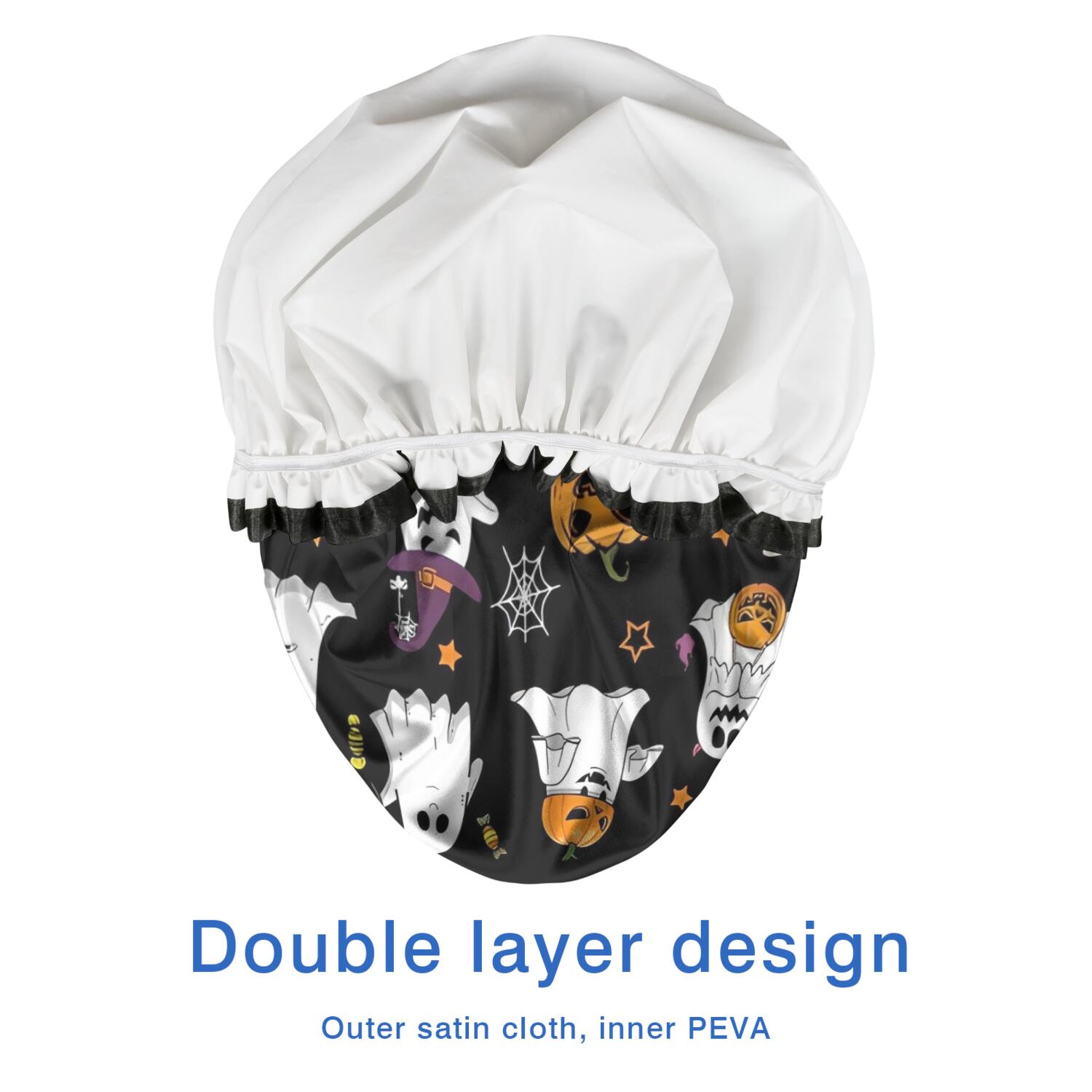 Shower Caps,Black Halloween Ghosts and Pumpkins Waterproof Shower Cap for Women 4 Pieces,Double Reusable Hair Cover for Shower PEVA Elastic Stretch Hem
