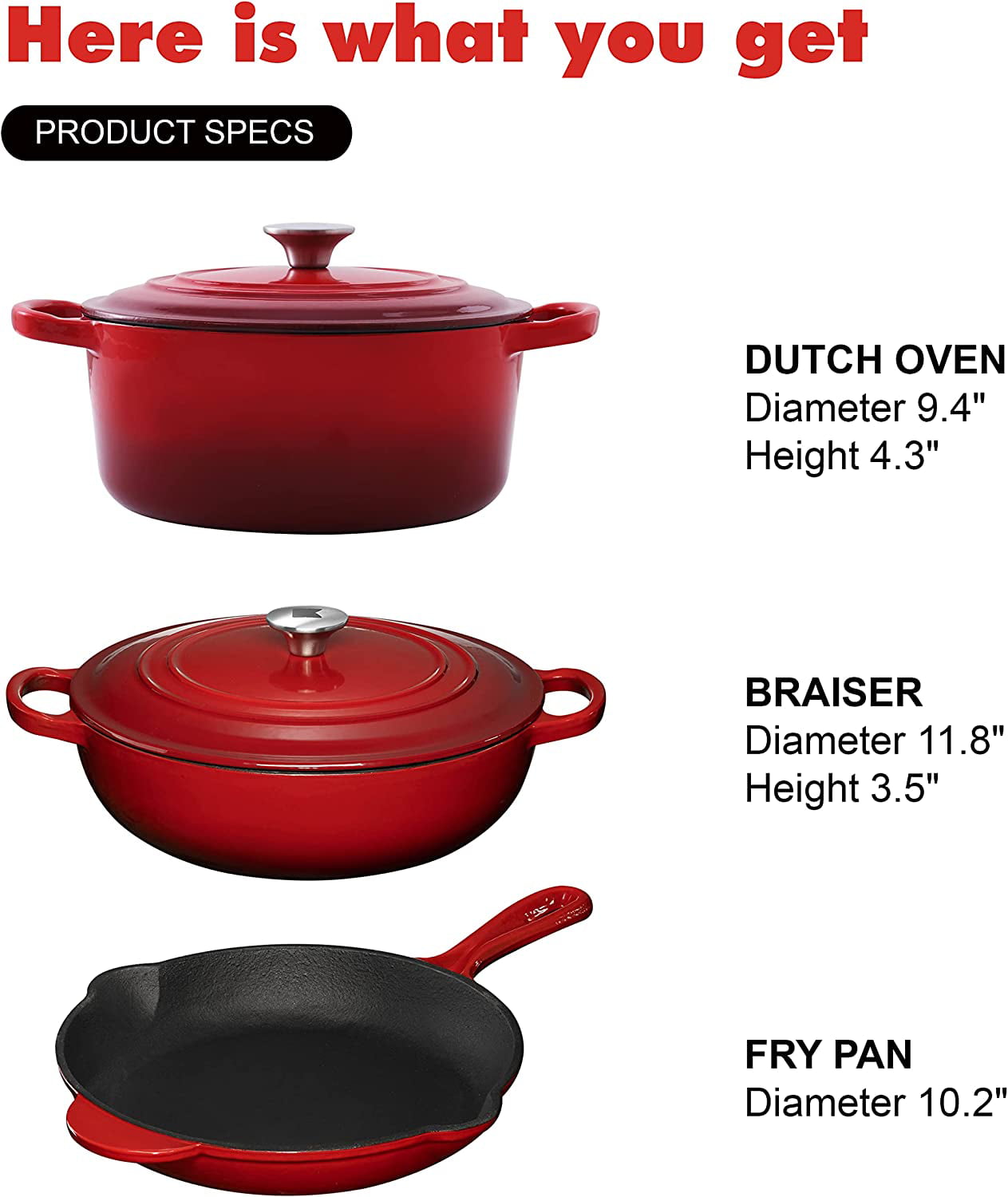 Enameled Cast Iron Cookware Set - 5 Pieces Solid Colored Braiser Dish, Fry  Pan, & Dutch Oven Pot with Lids - Heavy Duty Non-Stick Kitchen Cookware
