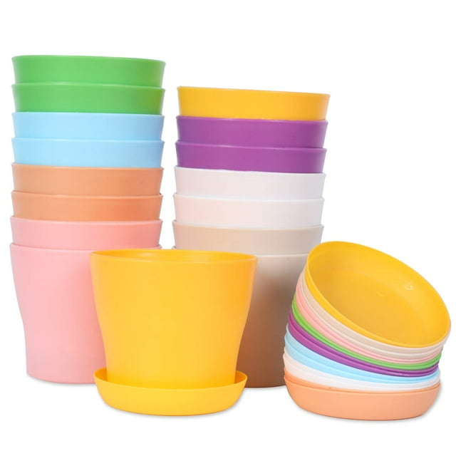 JERIA Paquete de 16 macetas de plástico de 4 pulgadas para plantas de semillero engrosadas, macetas para viveros, macetas coloridas para plantas de flores, macetas para iniciar semillas con paleta (8