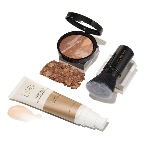 LAURA GELLER NEW YORK Kit de rutina diaria - Base en polvo correctora de color Baked Balance-N-Brighten Bronceado + Kabuki en ángulo retráctil + imprimación de maquillaje Spackle Champagne Glow (3 pie