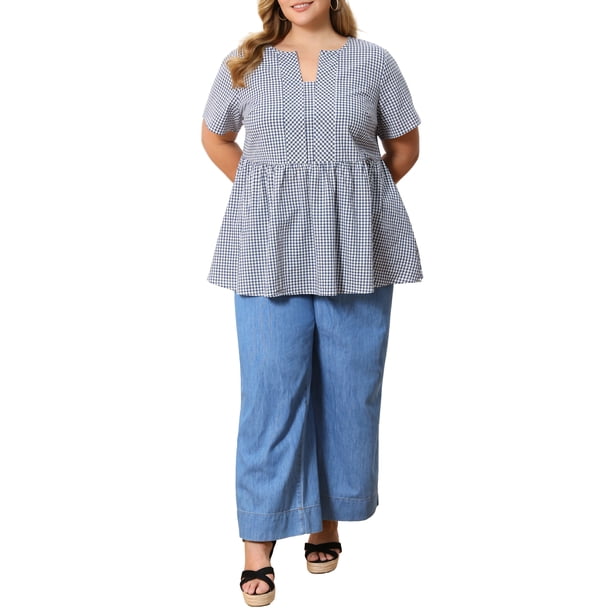 GRACE & GRANDEUR Blusas de Gingham de Talla Grande para Mujeres 100% Algodón Top Peplum Cuello Notch de Manga Corta Verano Flowy Blusa Babydoll 3X Azul Marino