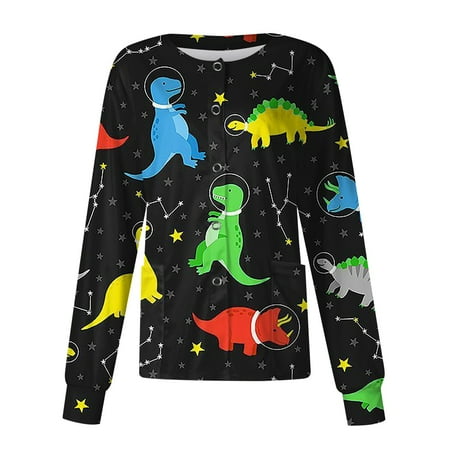 

Sksloeg Womens Scrub Jackets Stretchy Animal Dinosaur Patterned Cute Jacket Top Comfortable Easy Workwear O Neck Long Sleeve Scrub Jacket Top with Pockets Black L
