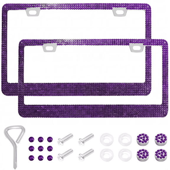 Xylobyte 2 Pack Bling License Plate Frames for Women, Sparkly Rhinestone Diamond Car Accessories with Glitter Crystal Caps (Dark Purple)