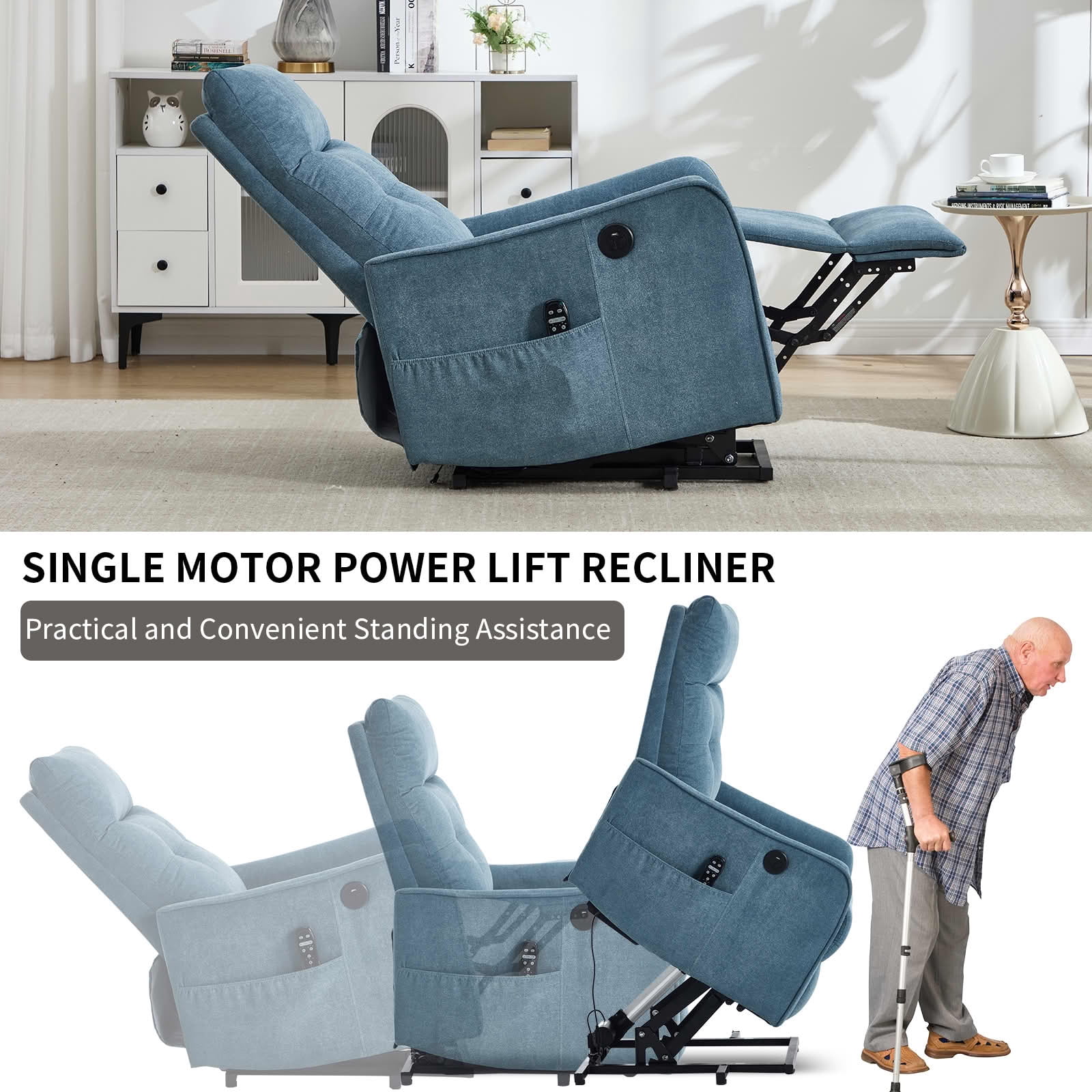 MAYEERTY Blue Chenille Power Lift Recliner Chair, Massage Heat USB Port 25"x36"x39" for Elderly