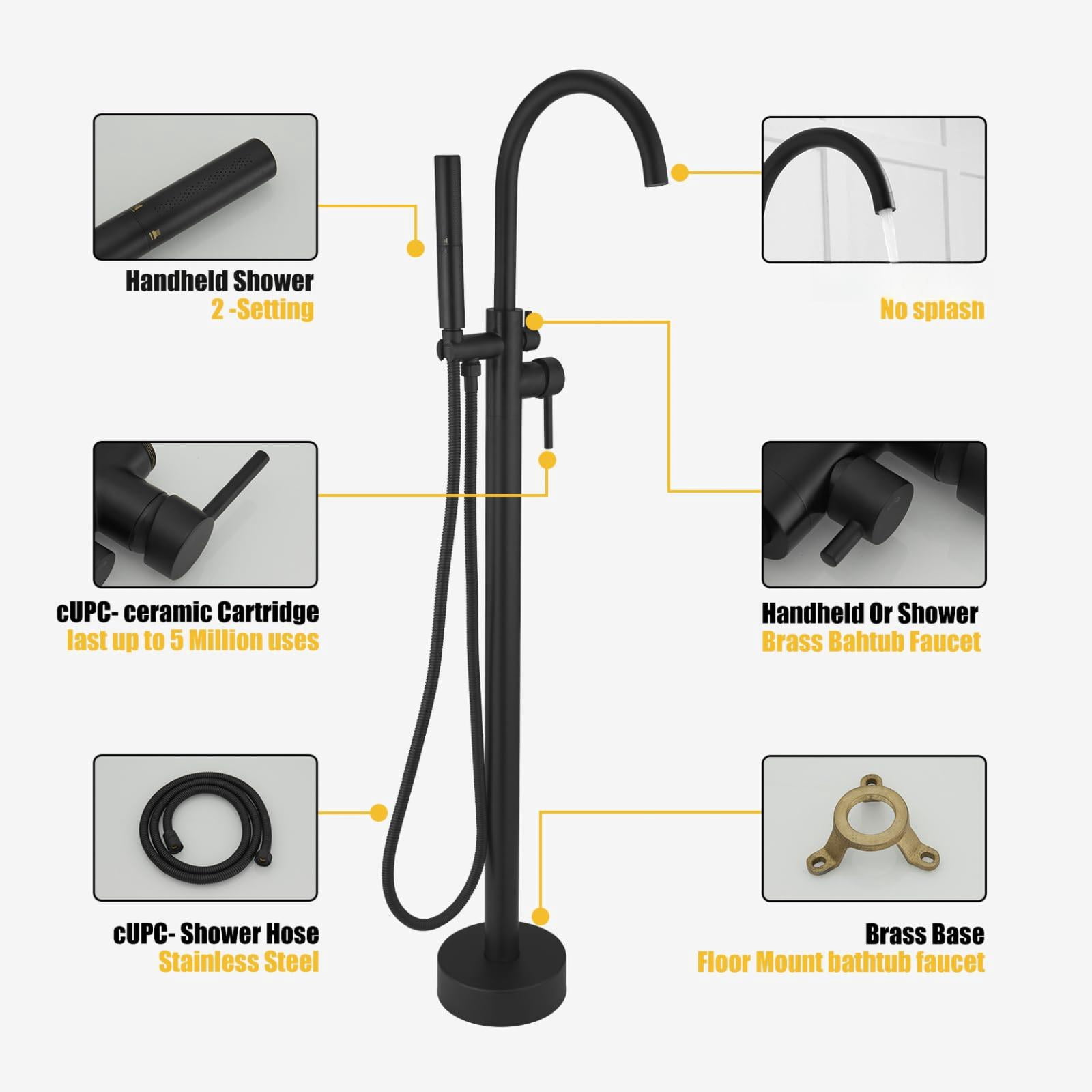 Freestanding Bathtub Faucet Matte Black Brass Floor Mount with 2-Function Hand Shower