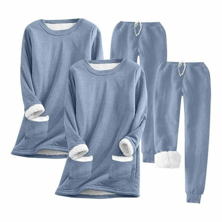 qolati 2 Pack Women Warm Pajama Set Fleece Lined Long Sleeve Crewneck Sweatshirt Pullover Thicken High Waist Jogger Pants Loungewear Fall Winter Outfits Navy L 8