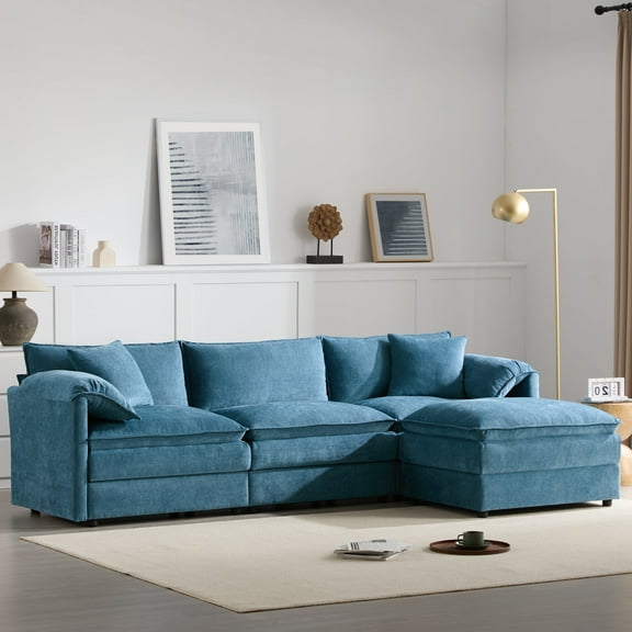 Harper & Bright Designs Plush Chenille Modular Sectional Sofa with Ottoman, L-Shaped 3 Seat Cloud Couch Set, Double Soft Cushions, Deep Wide Seating & Reversible Config for Living Room, 103.5" Blue