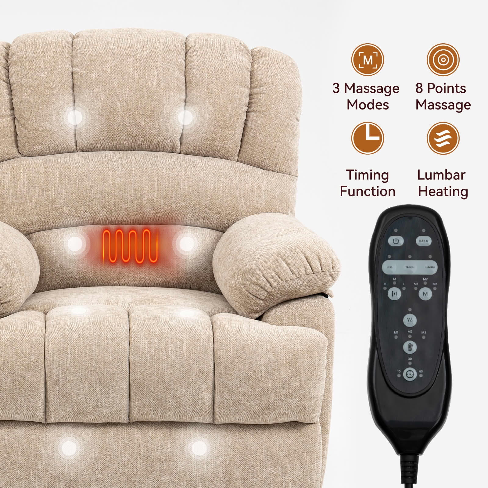 MAYEERTY Beige Chenille Power Lift Recliner, 350lbs 23" Seat 8-Point Massage Heat 39"x41"x42" for Elderly