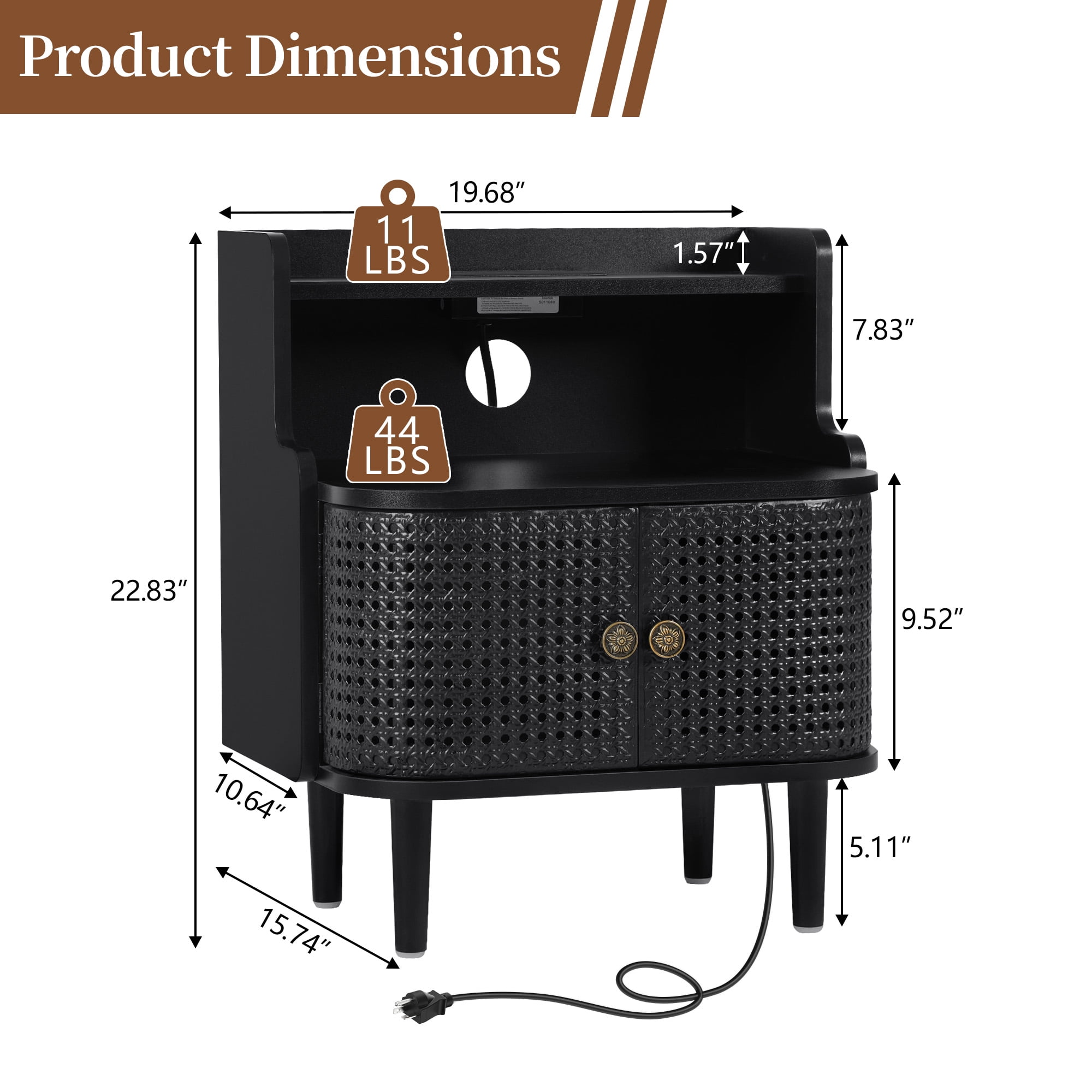 YOCWO Large Storage Nightstand Set of 2 with Charging Station Iron Rattern Pattern, Farmhouse Square End Table with 2 Door and Open Shelf for Bedroom Living Room, Black