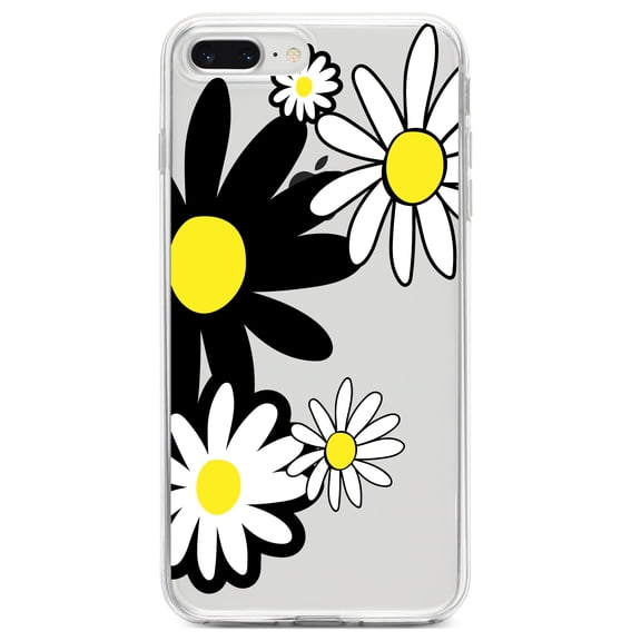 DistinctInk Clear Shockproof Hybrid Case for iPhone 7 PLUS / 8 PLUS (5.5" Screen) TPU Bumper Acrylic Back Tempered Glass Screen Protector - Black & Yellow Modern Daisies