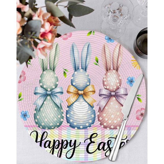 13 Inch Round Placemats Set of 6, Easter Bunny Non Slip Heat Insulation PP Table Mats, Spring Watercolor Polka Dot Flower Plaid Pink Washable Place Mats for Kitchen Dining Party Table Decor