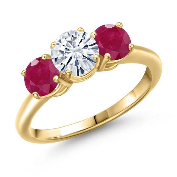 Gem Stone King 18K Yellow Gold Plated Silver White Moissanite and Red Ruby Engagement Ring for Women | 1.90 Cttw | Round 6MM | Gemstone Birthstone | Size 7