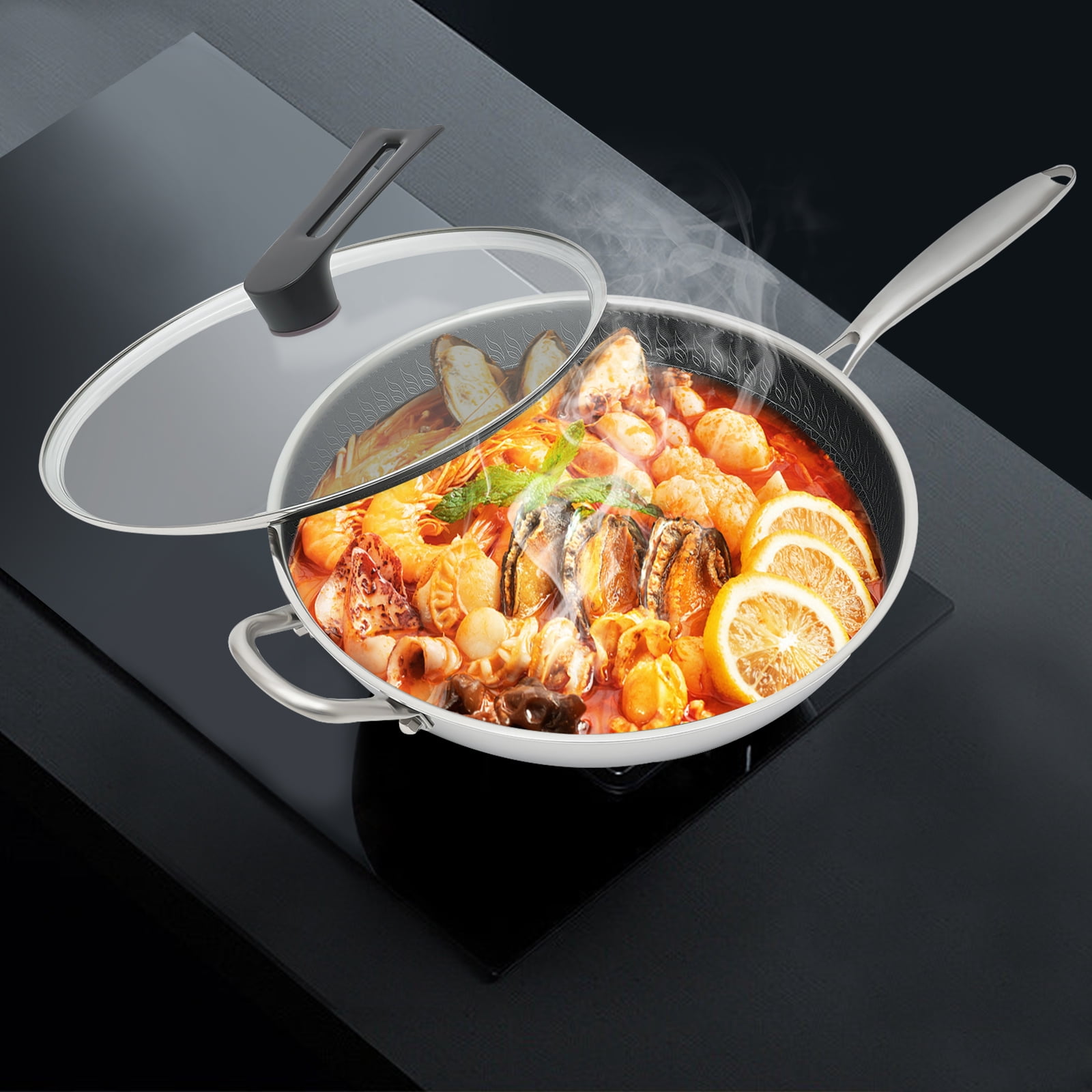 Miumaeov Double Sided Honeycomb Cooking Frying Pan Stainless Steel Non Stick w/ Glass Lid