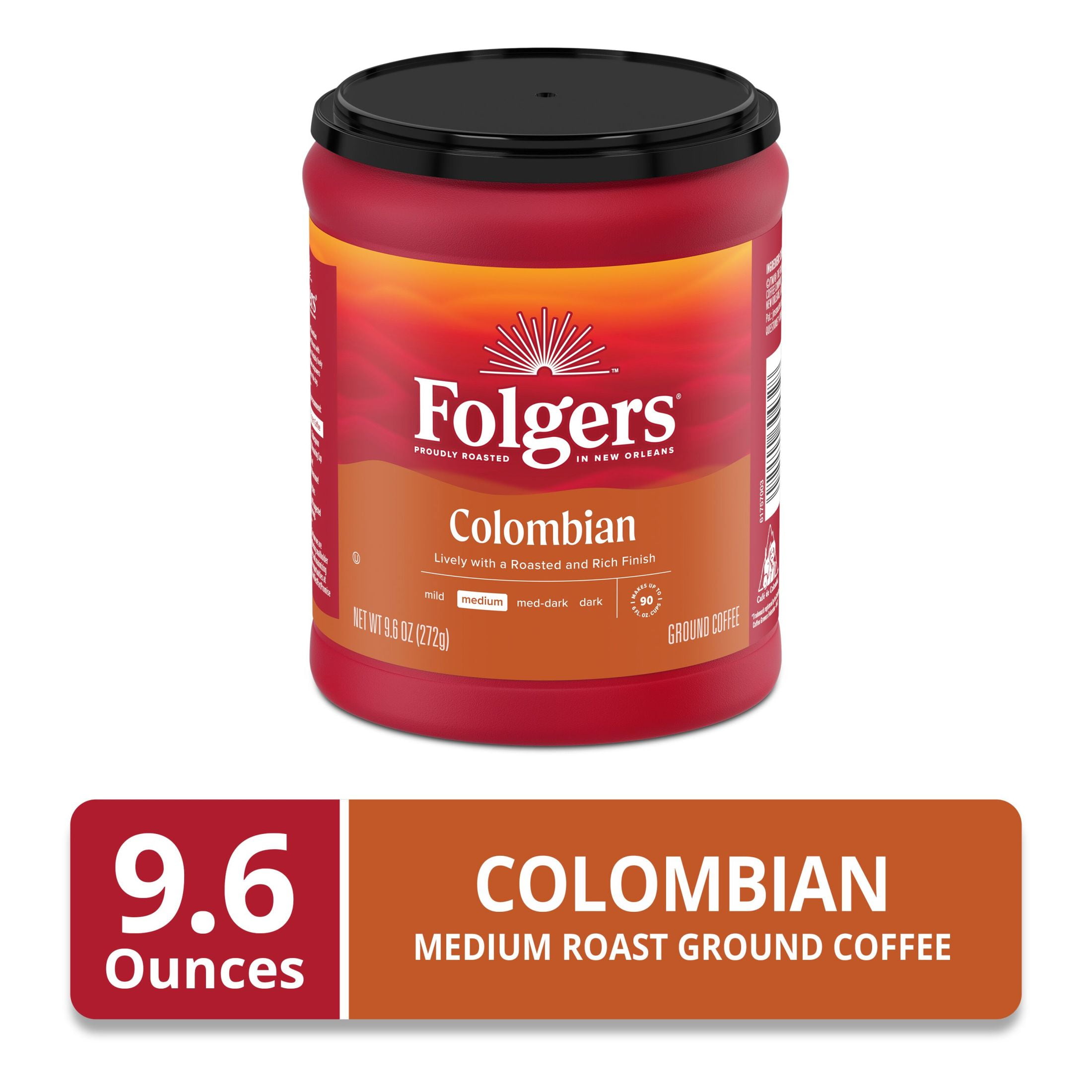 (6 pack) Folgers Colombian Ground Coffee, Medium Roast, 9.6 oz Canister