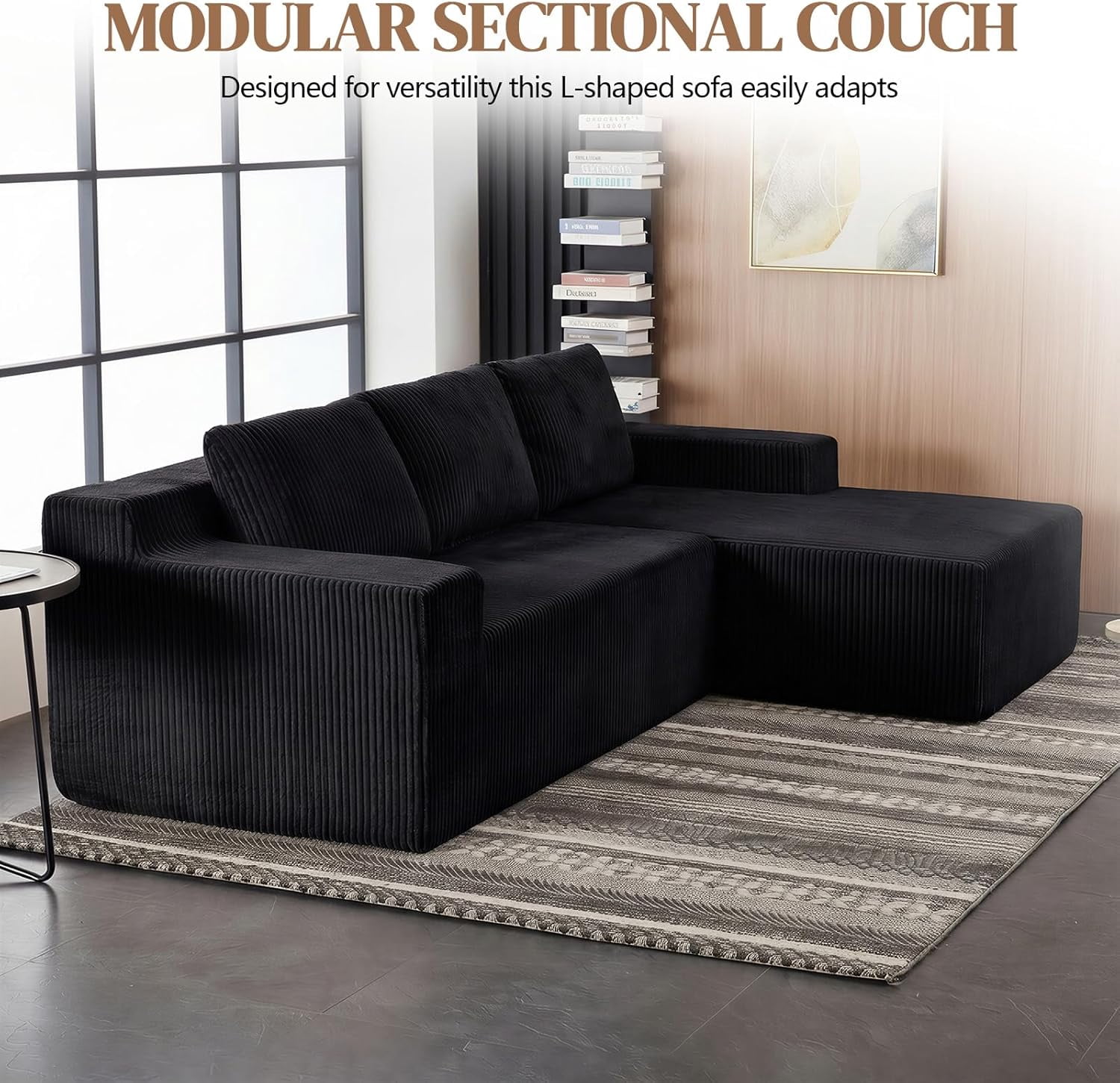 96.5" Corduroy Modular L Shaped Sectional Sofa for Living Room Bedroom, No Assembly, Black
