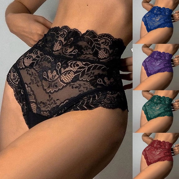 Siminsem Women's High Waist Floral Lace Mesh Panties Sheer Hollow Out Briefs Tummy Control Plus Size Underwear with Breathable Cotton Crotch Full Coverage S-5XL, Black,L