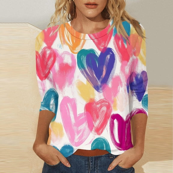 Inverlee Valentine's Day Shirts for Women Cute Love Heart Graphic Tees Work 3/4 Sleeve Blouse Crewneck Dressy Casual T-shirt Tops Womens Fashion