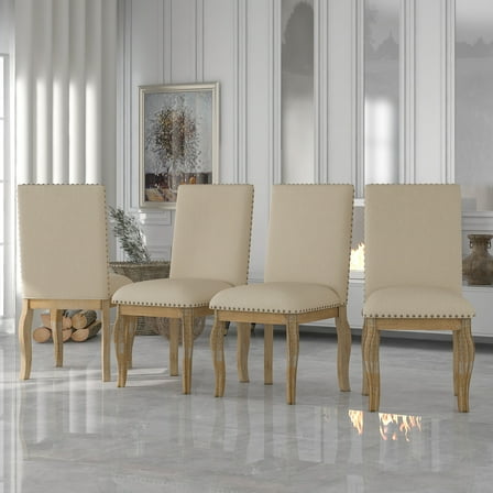 Set of 4 Dining Chairs, Wood Upholstered Fabric Dining Room Chairs with Nailhead (Natural Wood Wash)