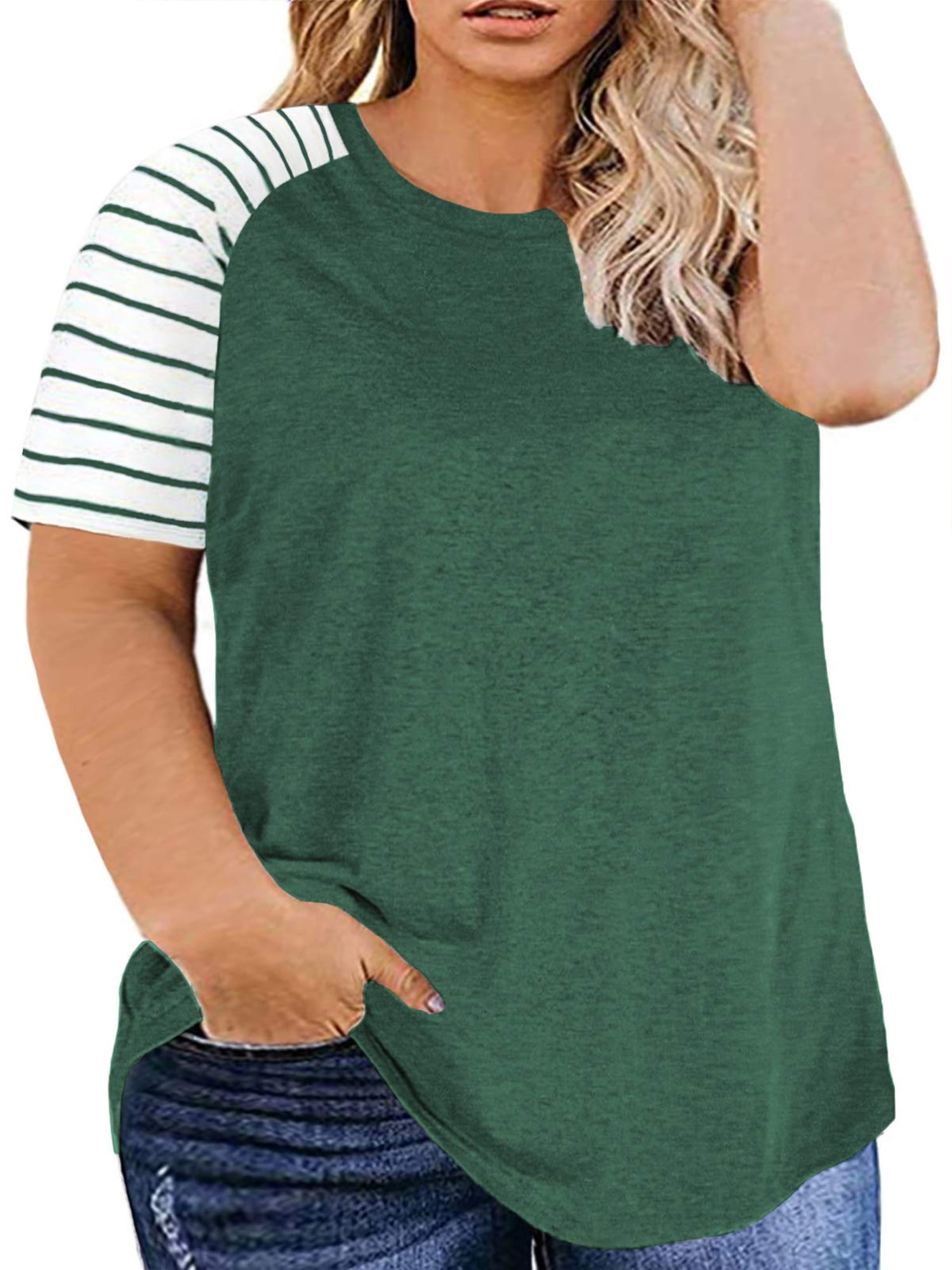 Yskkt Womens Plus Size V Neck Raglan Long Sleeve T Shirt Loose Striped Casual Baseball Tunic Tops 