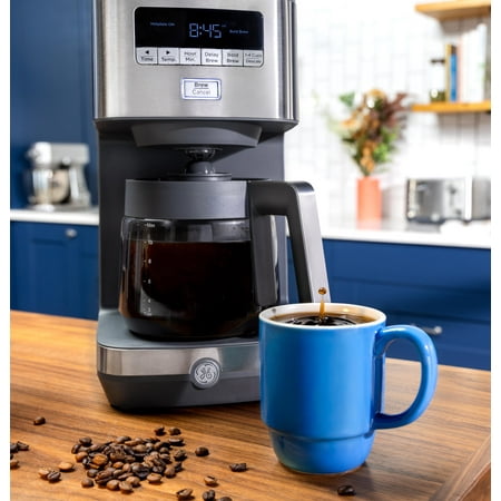 GE - 12 Cup Programmable Coffee Maker with Adjustable Keep Warm Plate and Glass Carafe - Stainless Steel