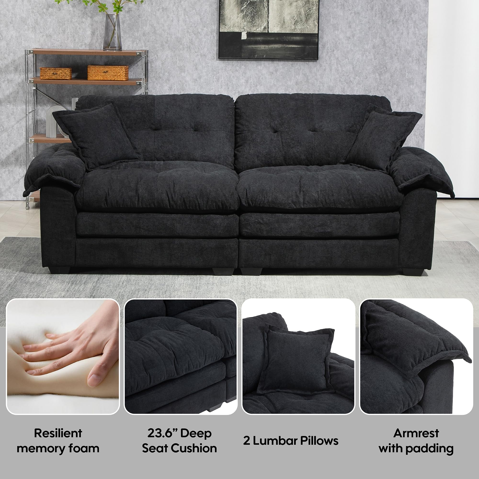 Modern 84" Chenille Loveseat Sofa, Ultra-Comfy Upholstered Couch with 2 Pillows for Apartment, Living Room, Bedroom, or Home Office​​ (Black)