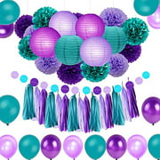 Mermaid Party Supplies Under The Sea Party Decorations Paper Pom Poms Lanterns Balloons for Birthday Party,Baby Shower,Bridal Shower 79 Pack