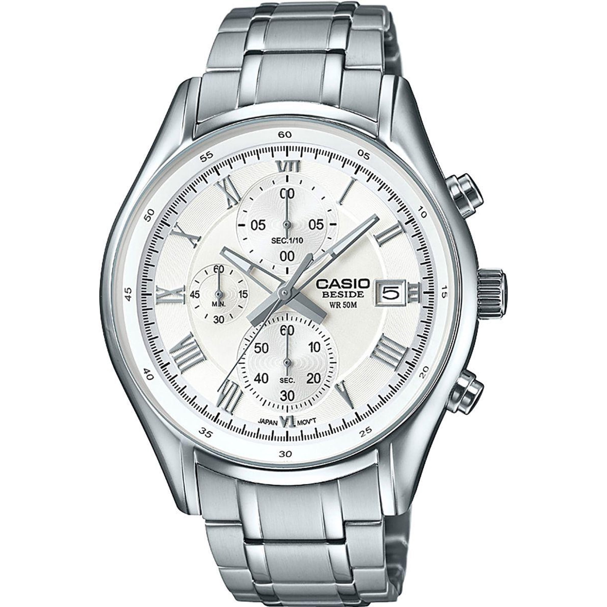 BEM-512D-7A White Casio Men's Watches Stainless Band Chronograph Beside New