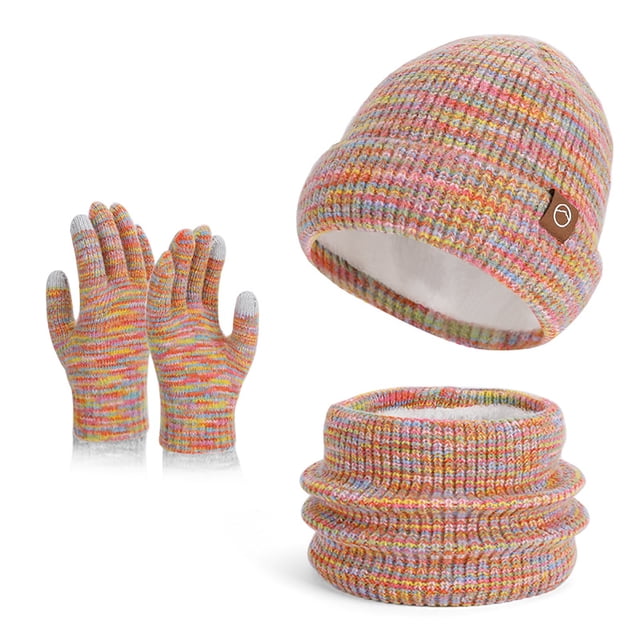 Multicolor Multicolor Womens Winter Knit Hat Scarf Gloves Set Three Piece Acrylic Material Cold Weather Protection For Outdoor Sports