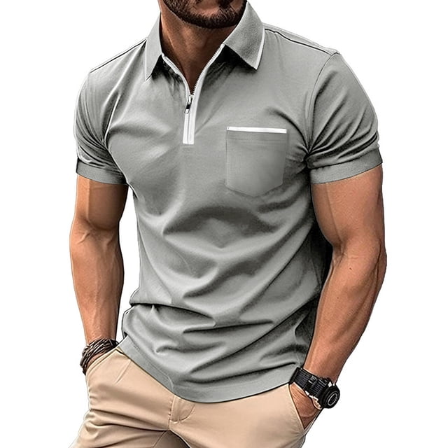 Blusa y camisa de manga corta con cuello vuelto para hombre, informal, a la moda, con cremallera, color liso y retazos, de poliéster.