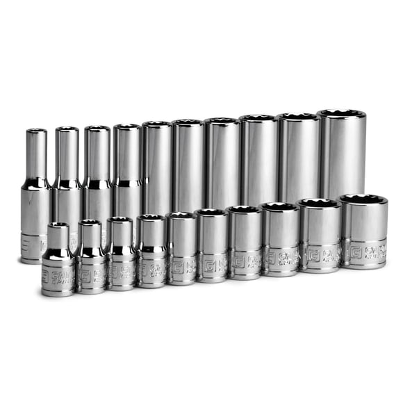 Capri Tools Juego de vasos profundos y poco profundos de 12 puntas con accionamiento de 1/4 pulg. SAE de 3/16 a 9/16 pulg. SAE de 20 piezas