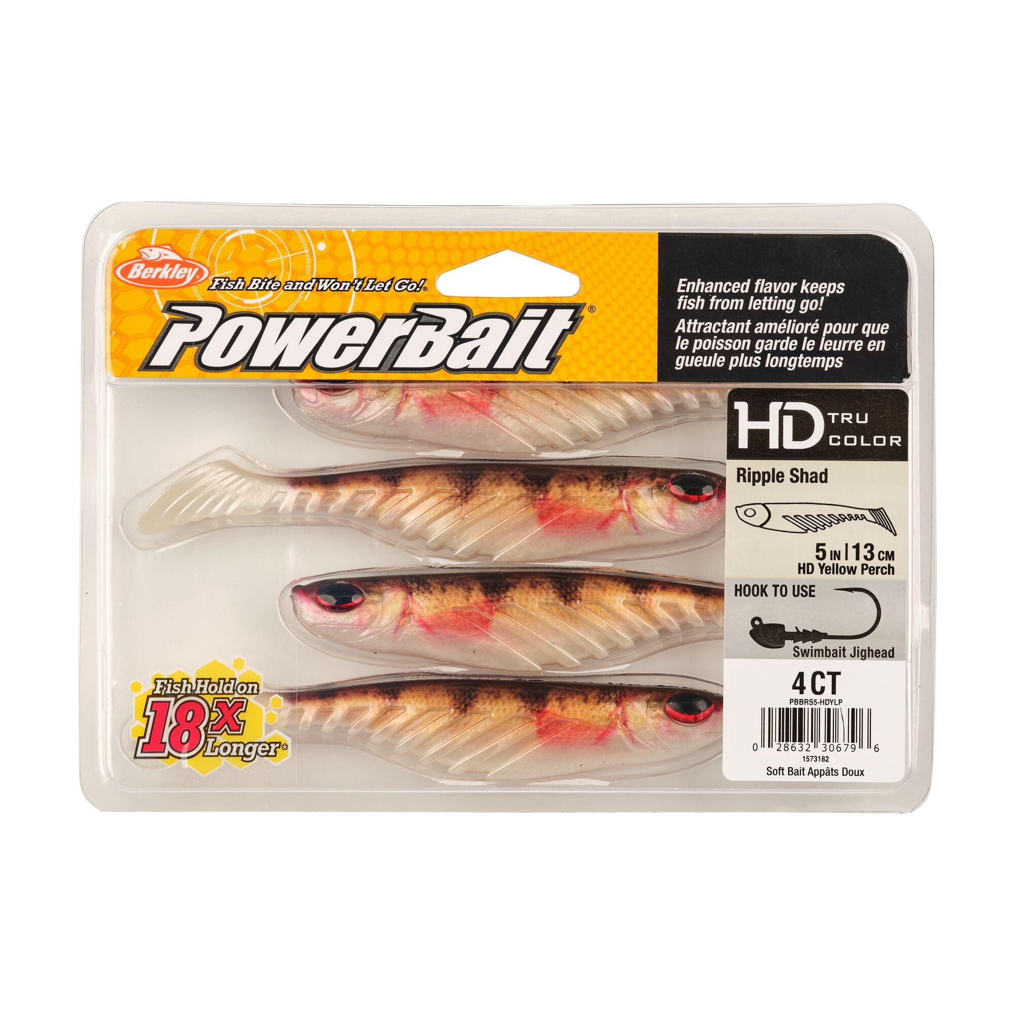 Berkley PowerBait® Ripple Shad, 5 in, Swimbaits, HD Yellow Perch (4 Count)
