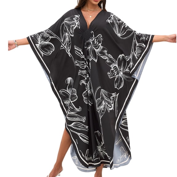 Women's Colorful Butterfly Print Kaftan Maxi Dress, Loose Fit Beach Cover Up, V-Neck Summer Resort Wear for Vacation and Party