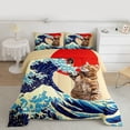 thumbnail image 2 of Feelyou Cartoon Cat Queen Comforter Set, Japanese Ocean Waves Bedding Comforter Set, 3pcs, 2 of 8