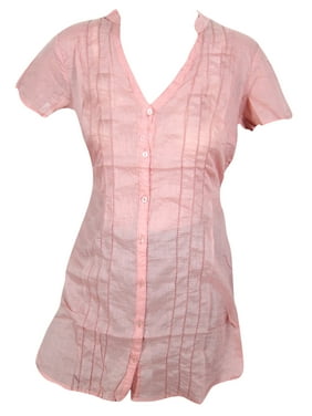 Mogul Women Peach Tunic Button Front Short Sleeves V-Neckline Tie Back Cotton Dress