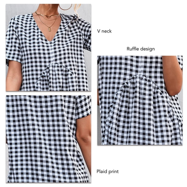 Vestido Con Estampado A Cuadros Vestido De Manga Corta Para Mujer Vestido Con Estampado A Cuadros Vestido Con Estampado A Cuadros Transpirable De Manga Corta Con Volantes Cuello En ANGGREK Negro L