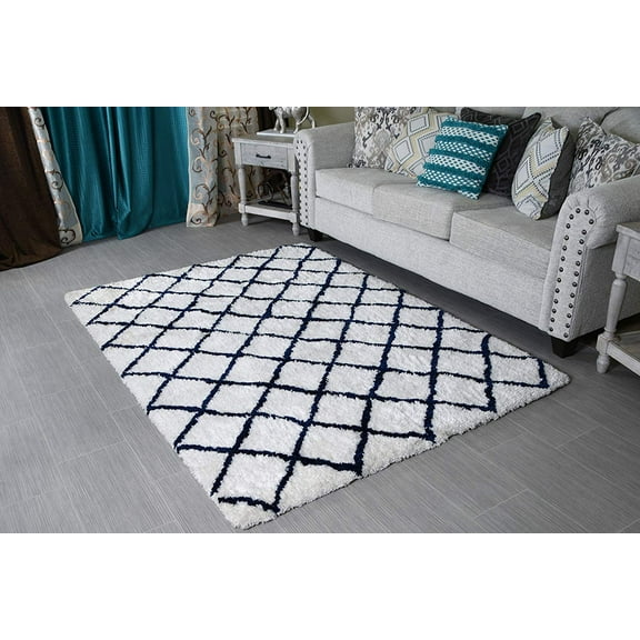 5 X 7' Creamy White Blue Shag Rug - Moroccan Trellis Design Shaggy Rug - Contemporary Living Room & Bedroom Soft Handmade Area Rug by MystiqueDecors