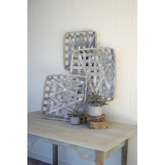 SET OF THREE GREY WASH SQUARE WOVEN SPLIT WOOD BASKETS