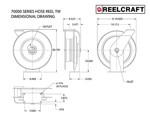 Reelcraft Spring Return Hose Reel,1/4" MNPT,75 ft PWD76075 OHP