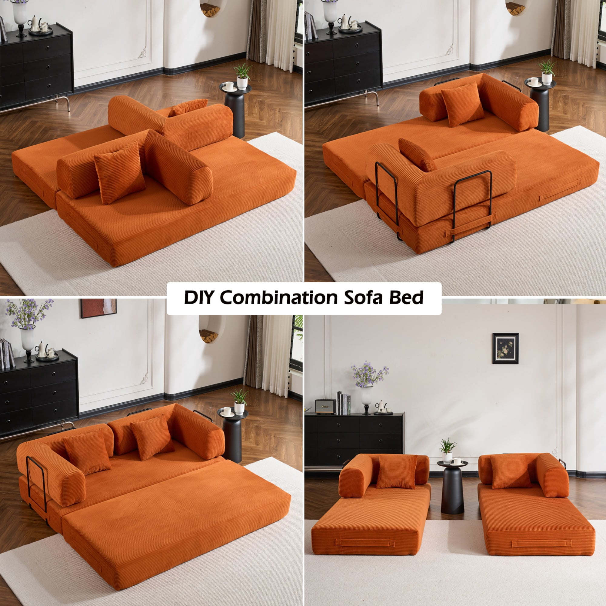 BSHTI 77" Corduroy Convertible Sleeper Sofa Bed with Cylindrical Pillow, No Assembly, Small Space for Living Room（Orange）