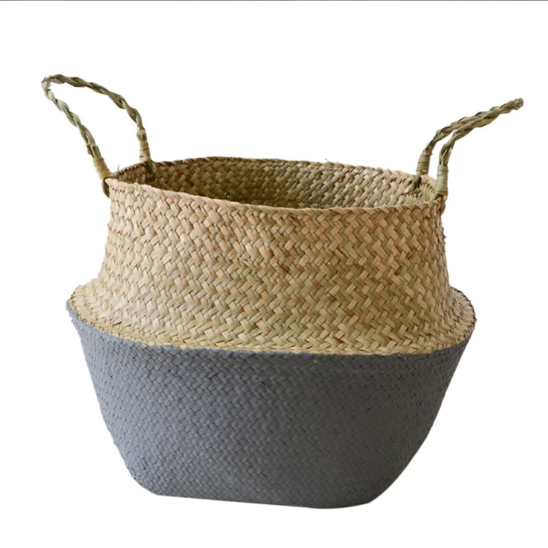 Home Storage Organisation Natural Seagrass Woven Basket Hand-Woven Foldable Plant Flower Pot Toy Storage Basket Laundry Basket Foldable Belly Basket Handle