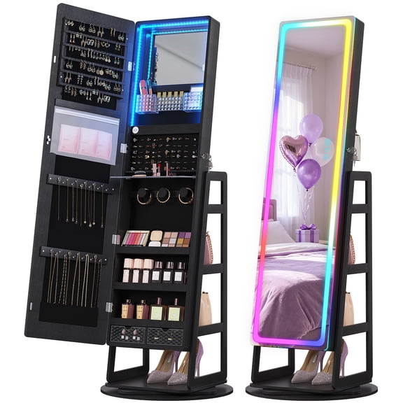 VKCC LED Jewelry Cabinet Standing, 360° Swivel Jewelry Armoire,Full Length Mirror with Storage,Black