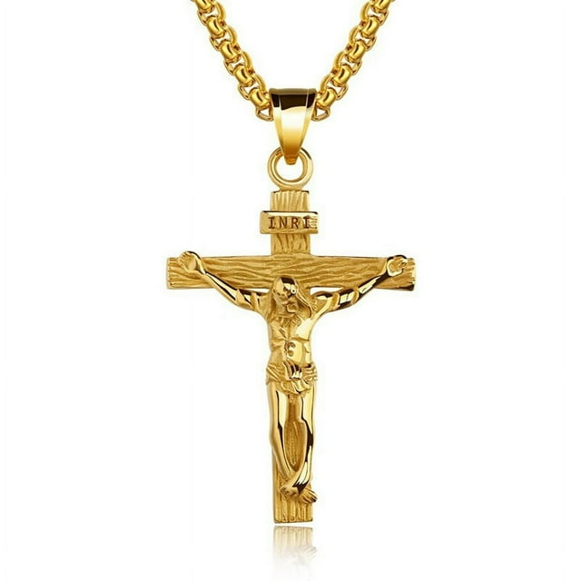 POINTERTECK Mens Argent Acier Inoxydable Jésus-Christ Crucifix Croix Pendentif Collier Chaîne