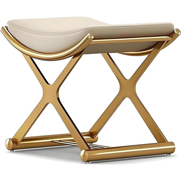 Banqueta de tocador CHSSIH de cuero con patas metálicas doradas en X 45 x 38 x 45 cm
