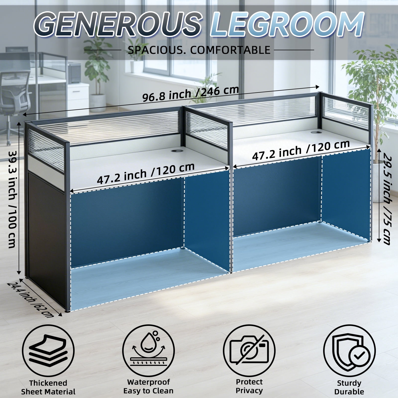 Vakiorn 2 Person Office Cubicle Workstation 96.8 inch Dual Desk with Privacy Panels 25mm Thick Top Adjustable Feet Cable Management for Home Commercial Black White