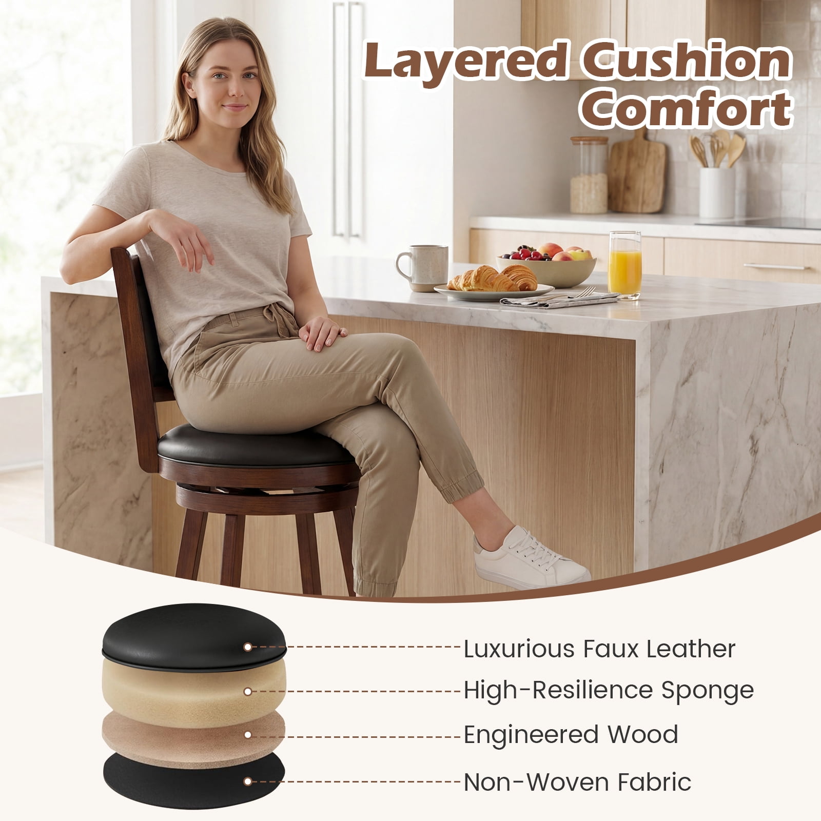 椅子 Caraway Costway 2-Piece 29'' Kitchen Counter Barstool Set, Swivel Wood