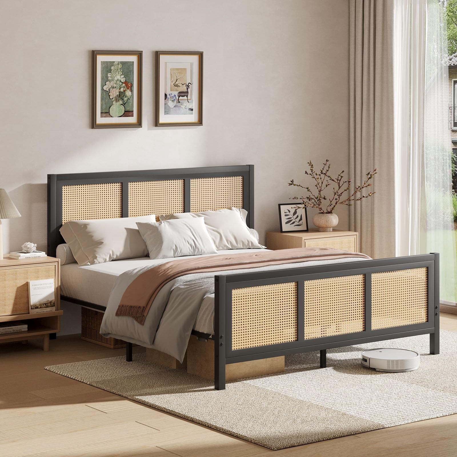 4 EVER WINNER Queen Bed Frame, Queen Size Bed Frame with Natural Rattan Headboard and Footboard, Rattan Bed Frame for Bedroom, No Box Spring Needed, Black
