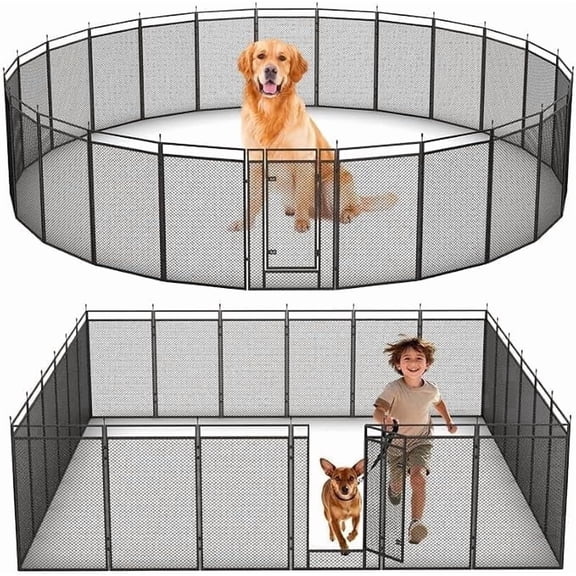 Petorldog 40" Height 14 Panels Dog Fence with Safety Mesh Including 2 Gates, Heavy Duty Metal Dog Playpen Indoor Outdoor for Yard, Camping & RV | Black-Silver