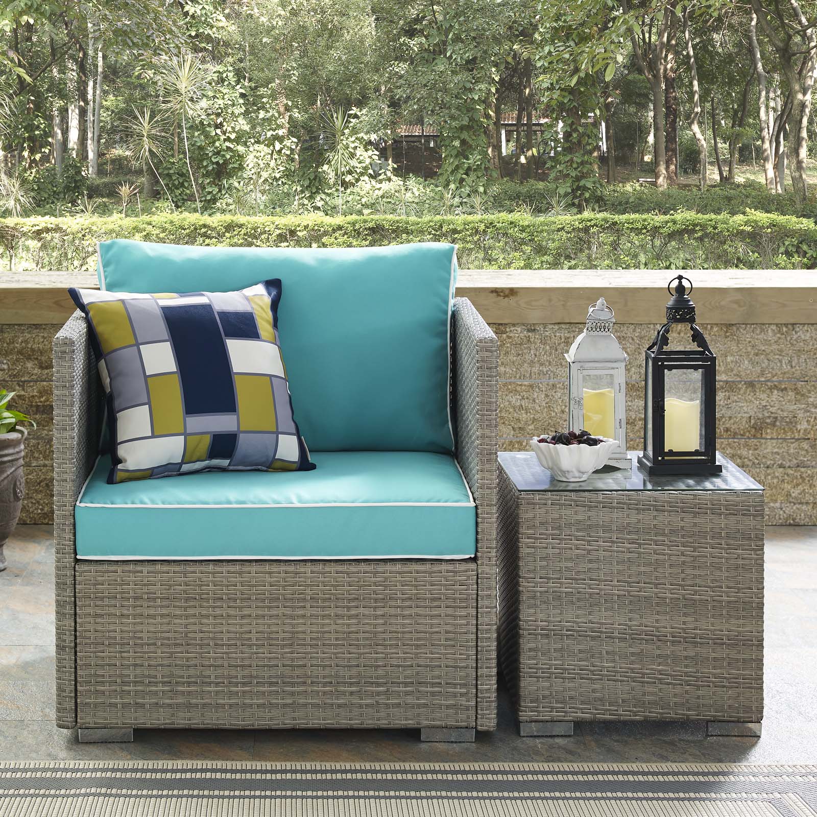 Modern Contemporary Urban Design Outdoor Patio Balcony Garden Furniture Lounge Chair Armchair, Sunbrella Rattan Wicker, Blue Light Gray - image 2 of 4
